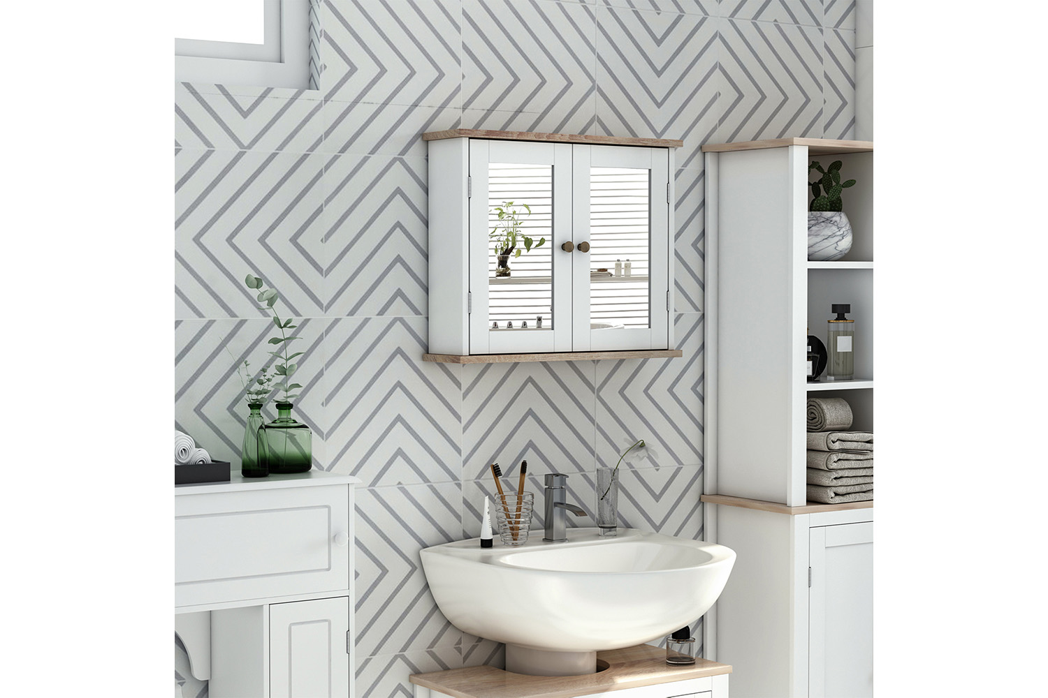 Kleankin Wall Mounted Bathroom Mirror Cabinet | White/Wood Grain