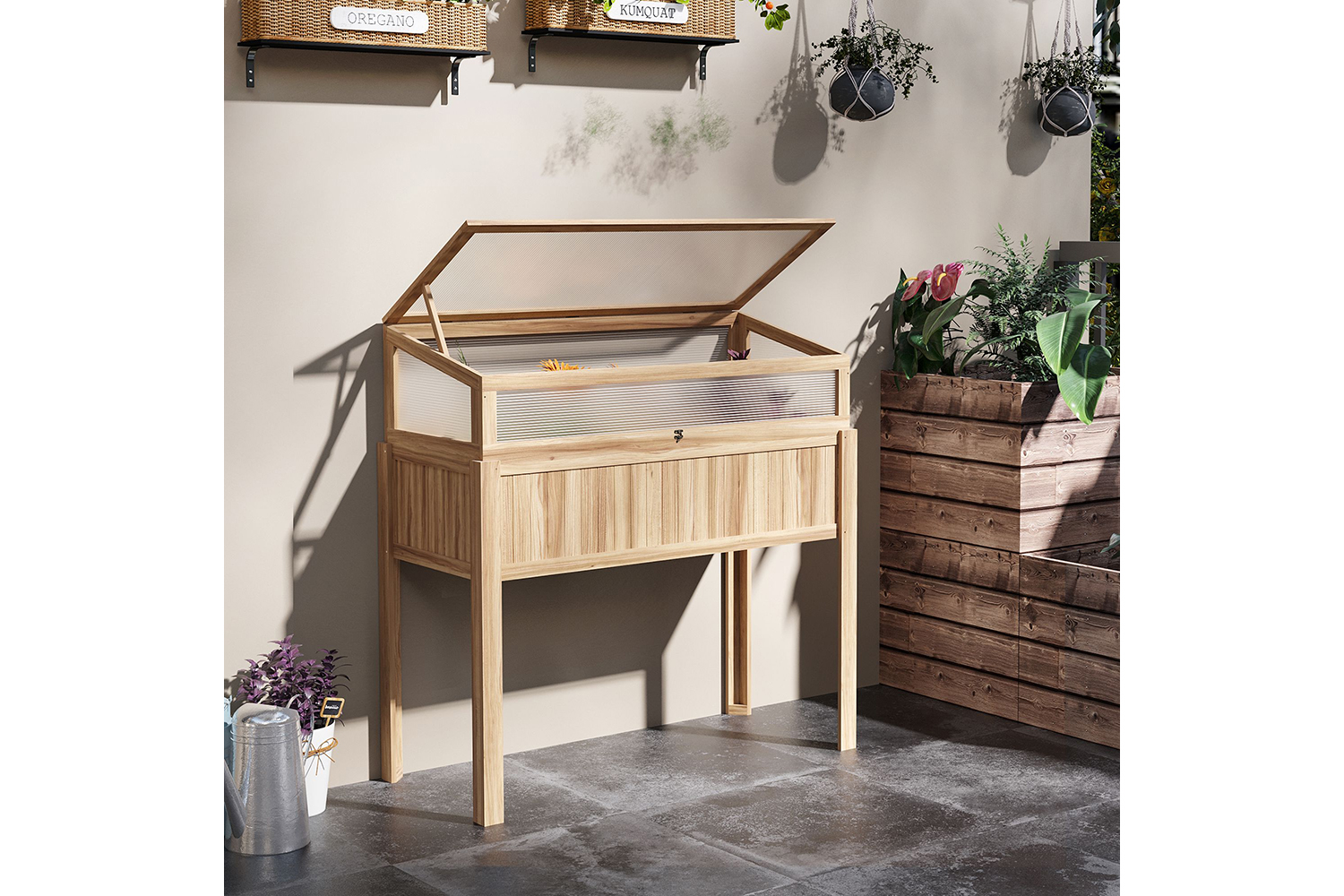 Outsunny Raised Garden Bed 2-in-1 Wood Cold Frame Greenhouse With Elevated Garden Box | Natural