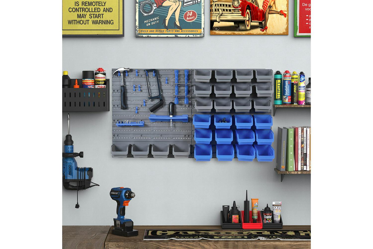 Durhand Wall Mounted Tool Organizer Rack Kit | Blue/Grey | 44 Pieces