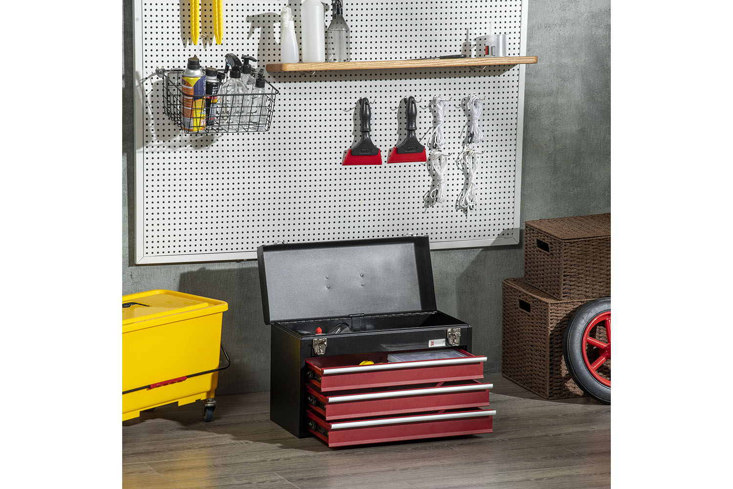 Durhand 3 Drawer Lockable Metal Tool Box with Ball Bearing | Black/Red