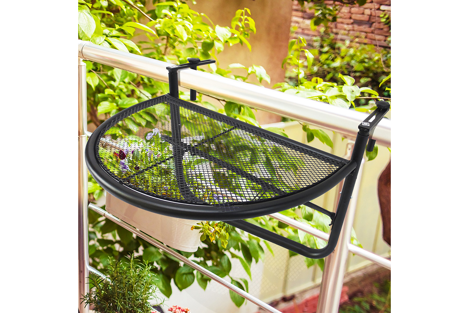 Outsunny Balcony Hanging Rail Coffee Table Mini Storage Rack Flower Stand | Black
