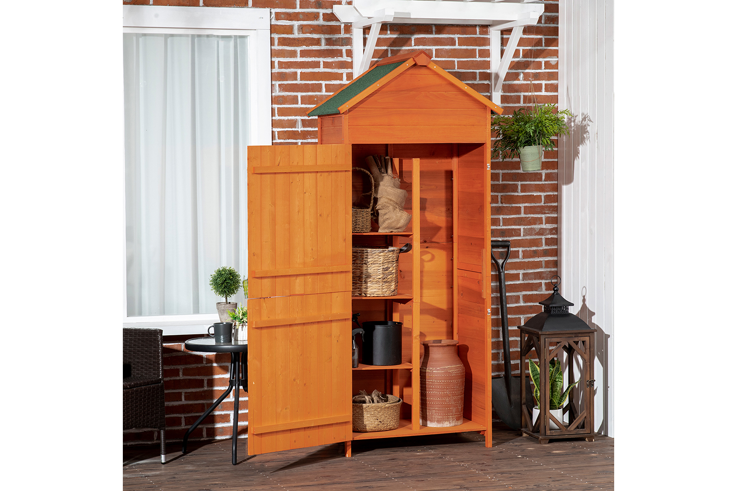 Outsunny Wooden Garden Storage Shed with 3 Shelves Double Lockable Doors | Teak