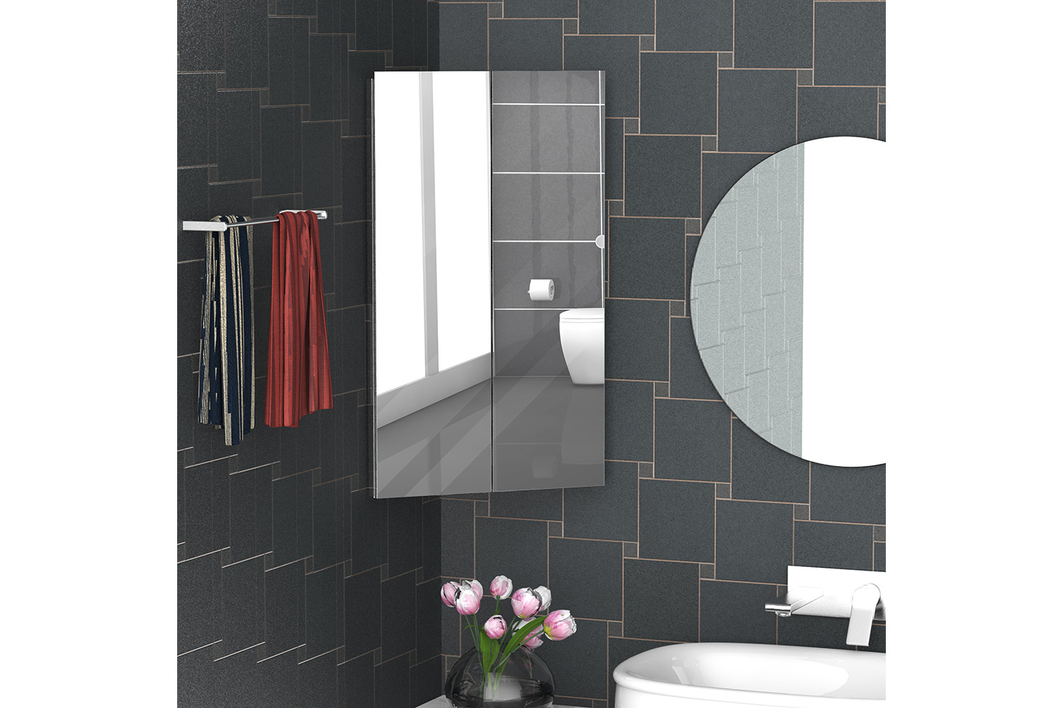 Kleankin Wall Mounted Corner Bathroom Mirror Cabinet | Silver