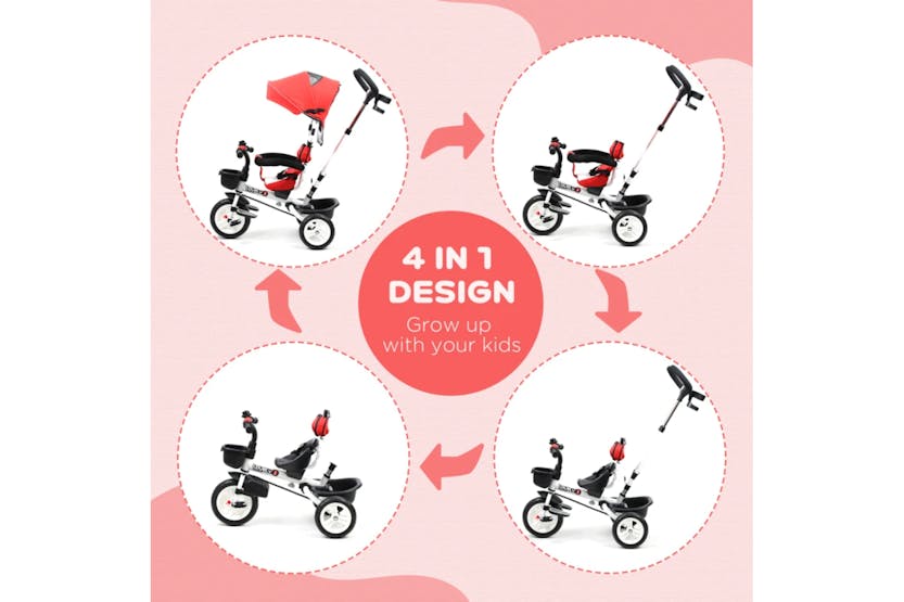 Homcom Folding Stroller Kids 4-in-1 Baby Tricycle with Canopy | Red
