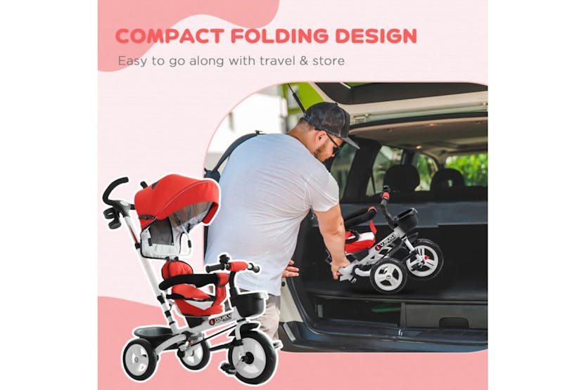 Homcom Folding Stroller Kids 4-in-1 Baby Tricycle with Canopy | Red