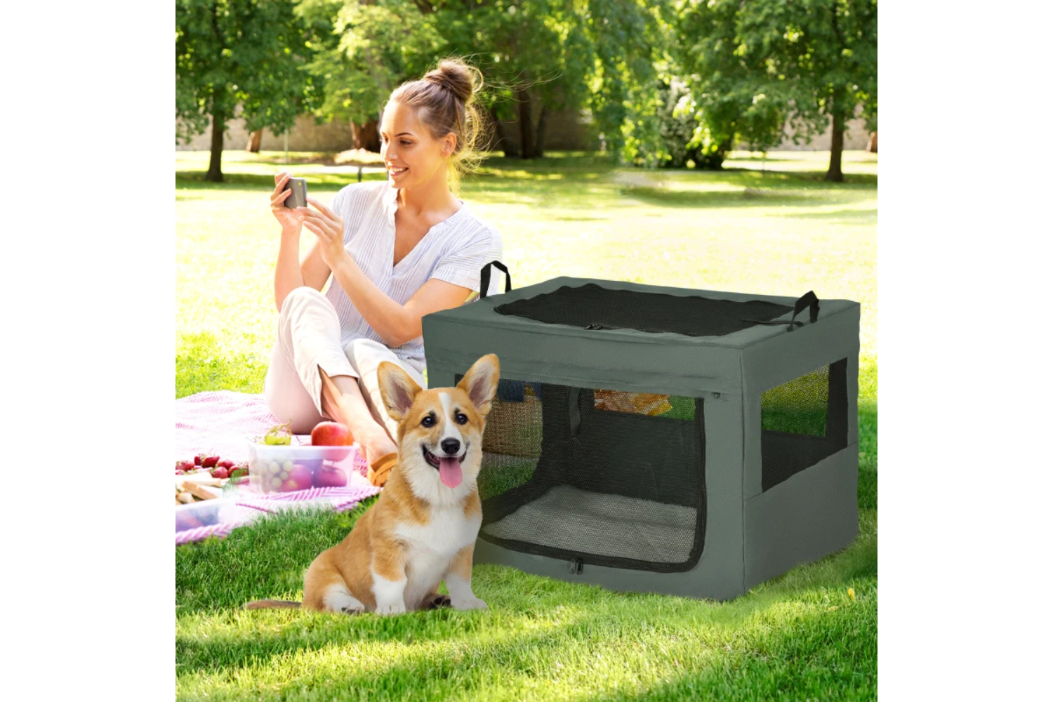 PawHut Folding Small Medium Fabric Dog Travel Crate | Grey/Black