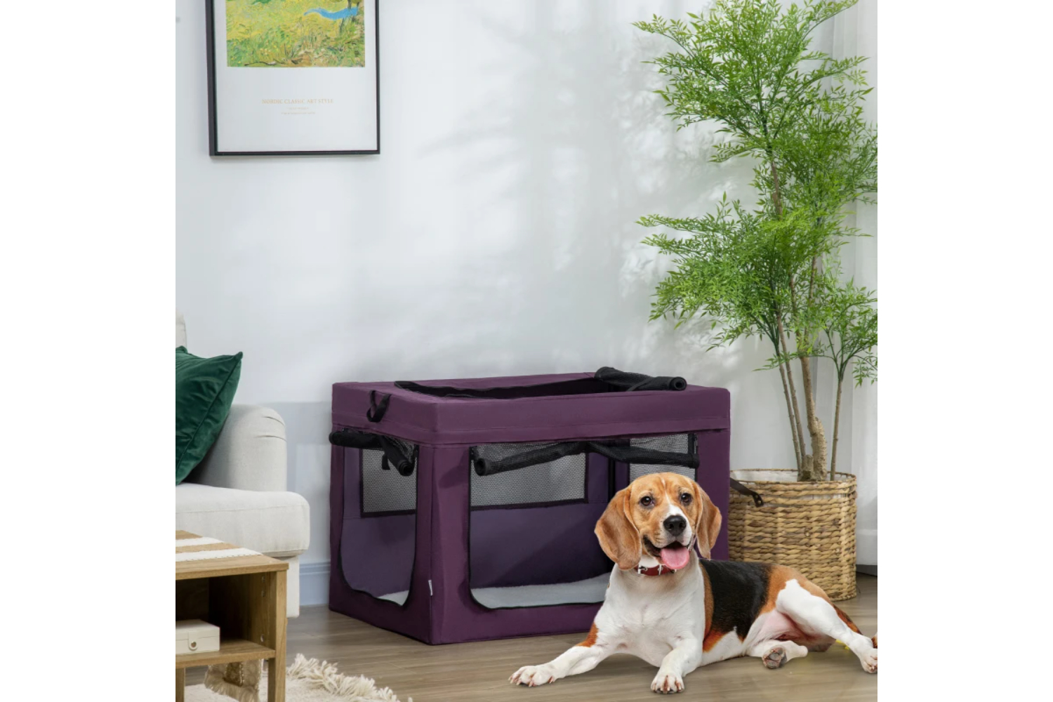 PawHut Folding Large Medium Fabric Dog Travel Crate | Purple/Black