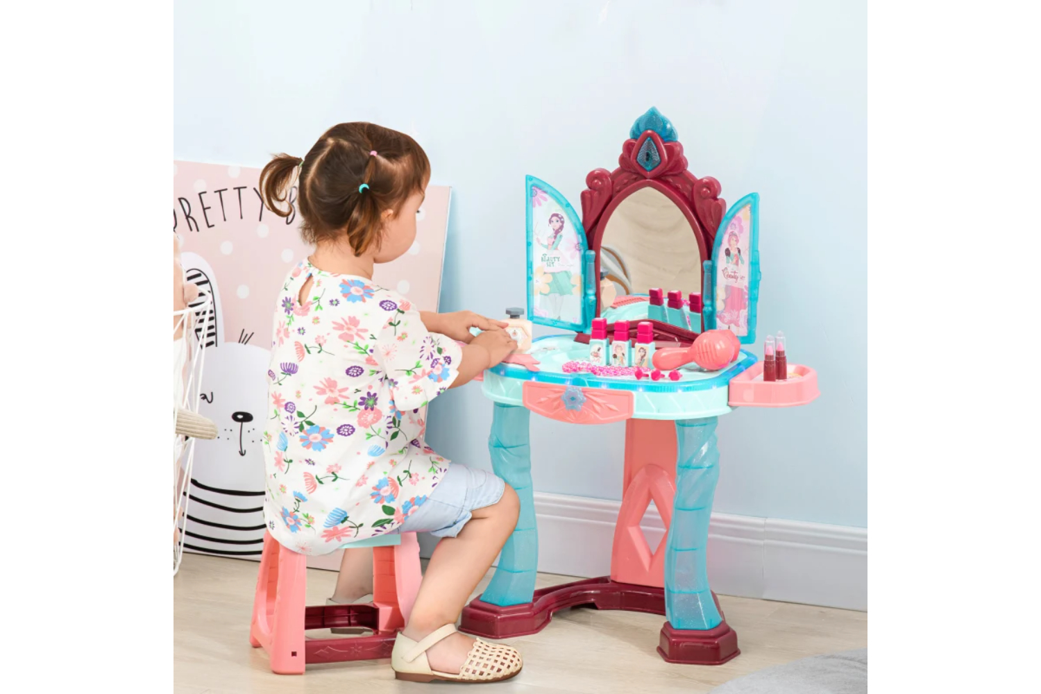 Homcom Childrens Vanity Table with Lights | Blue/Pink