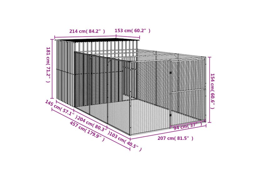 Vidaxl 3189120 Dog House With Run Anthracite 214x457x181 Cm Galvanised Steel