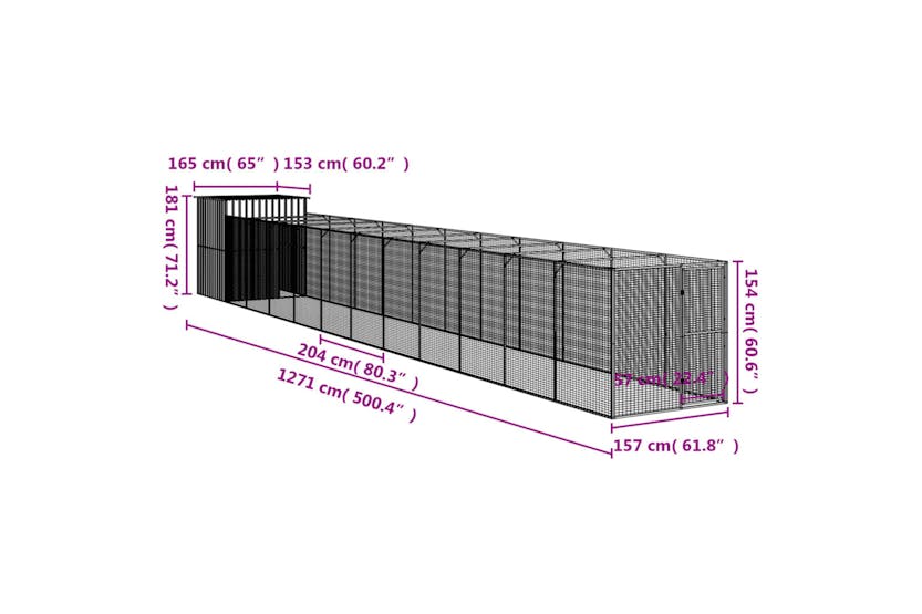 Vidaxl 3189108 Dog House With Run Light Grey 165x1271x181 Cm Galvanised Steel