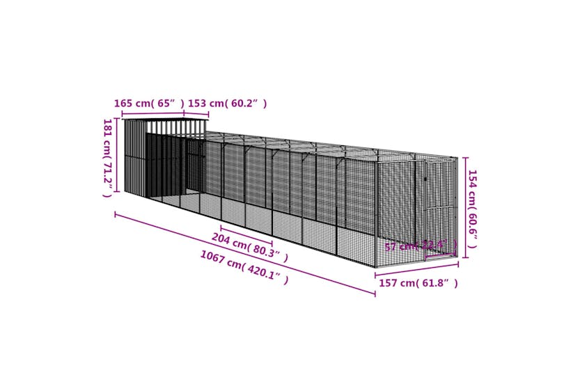 Vidaxl 3189107 Dog House With Run Light Grey 165x1067x181 Cm Galvanised Steel