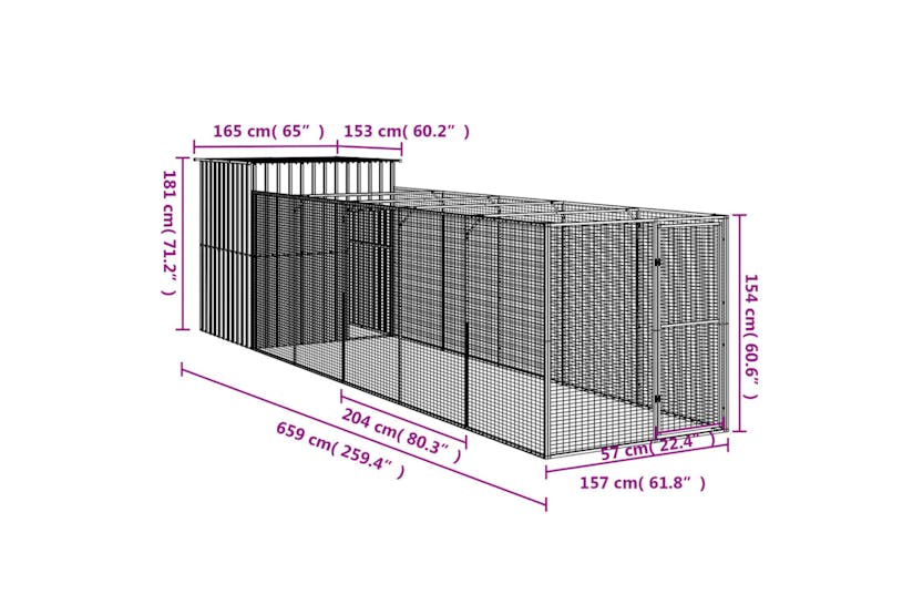 Vidaxl 3189105 Dog House With Run Light Grey 165x659x181 Cm Galvanised Steel