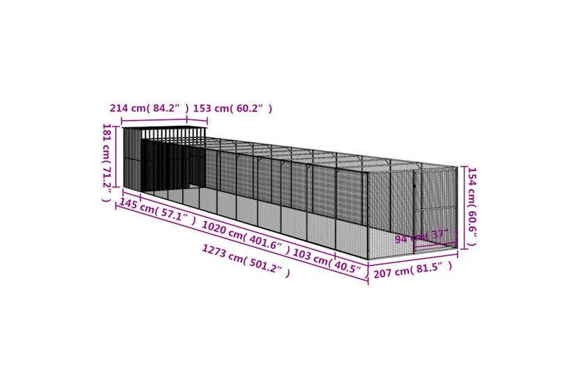 Vidaxl 3189124 Dog House With Run Anthracite 214x1273x181 Cm Galvanised Steel