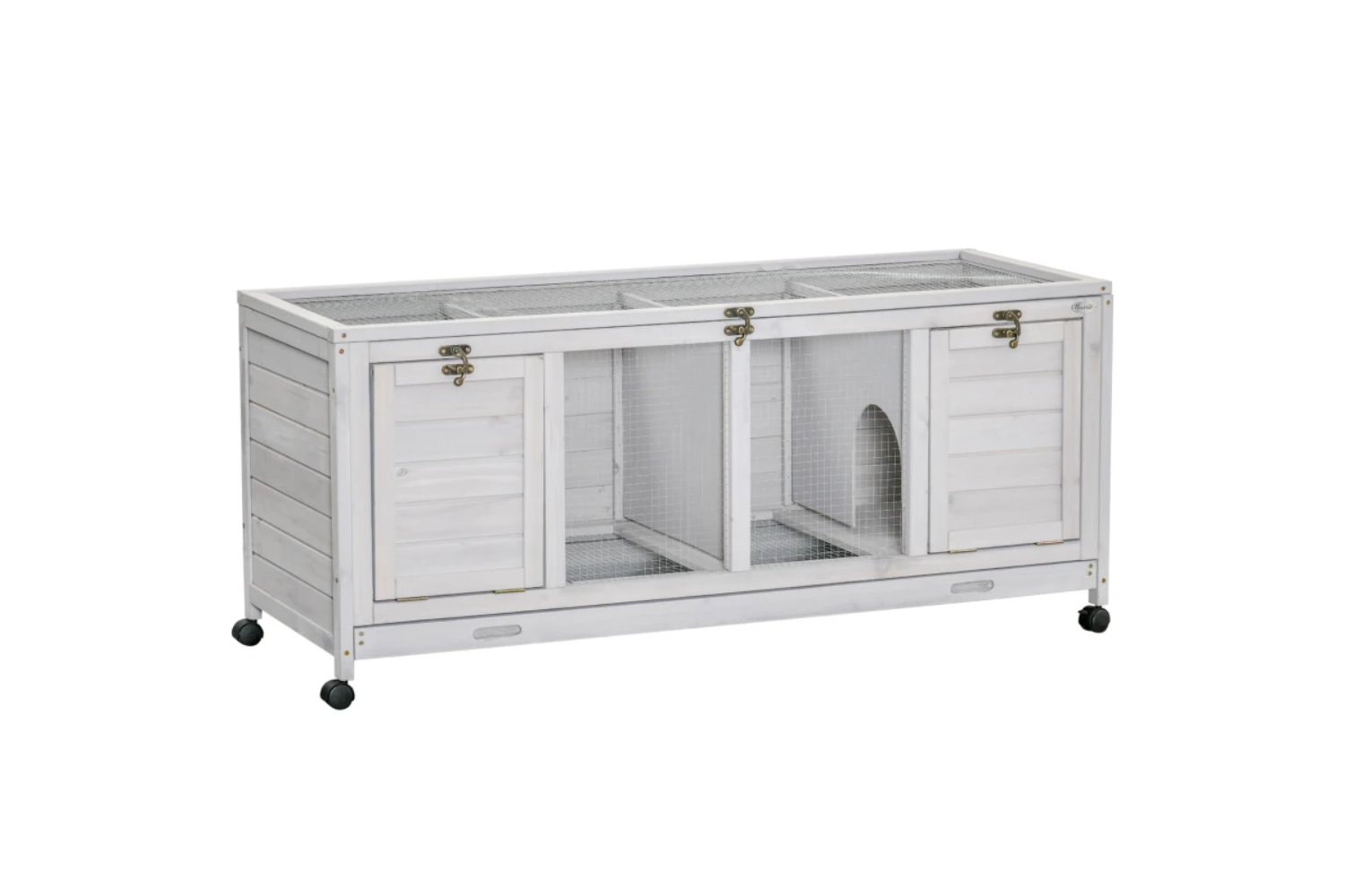 PawHut Wooden Small Animal House for Indoor Outdoor with Wheels | Light Grey