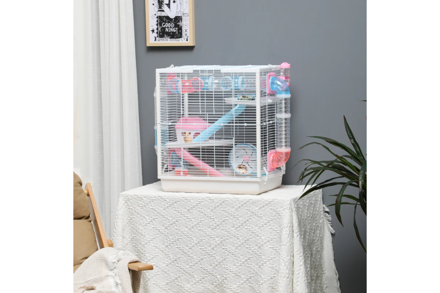 PawHut Hamster Cage for Small Rodents with Tunnel Tube | Blue/White