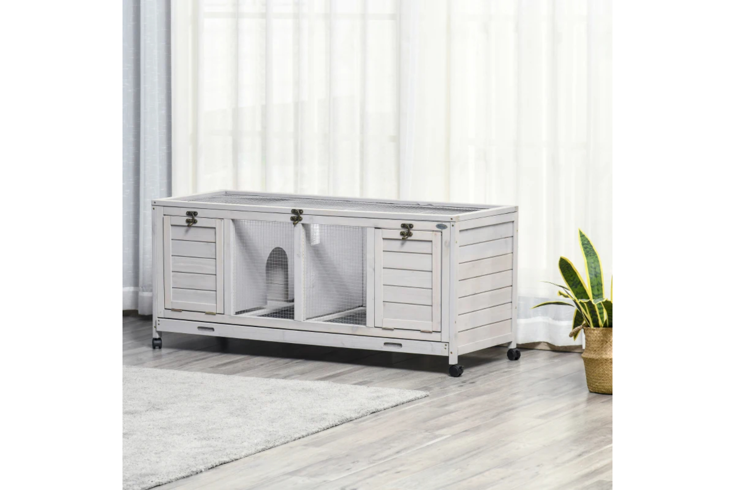 PawHut Wooden Small Animal House for Indoor Outdoor with Wheels | Light Grey