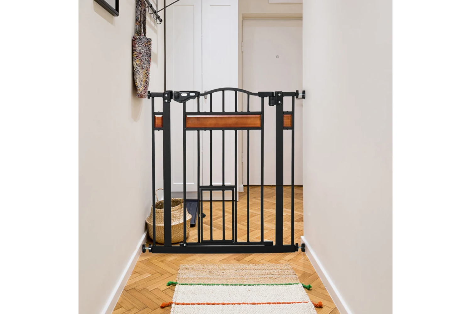 PawHut Auto Close Dog Safety Gate with Cat Door | Black