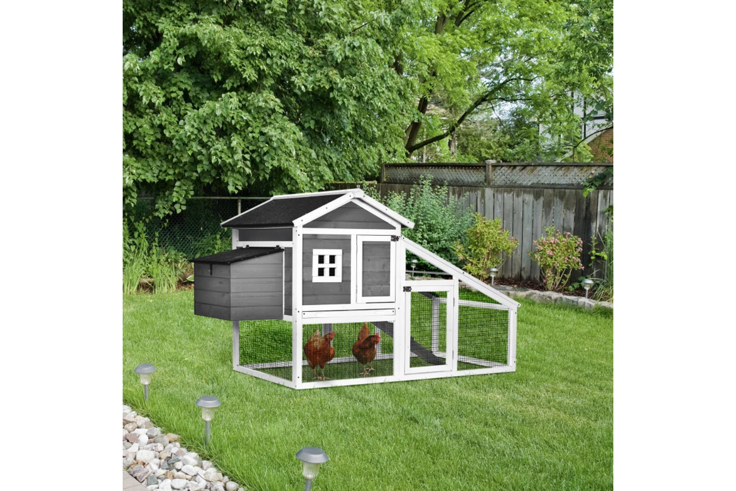 PawHut Wooden Chicken Coop Poultry House | Grey/White