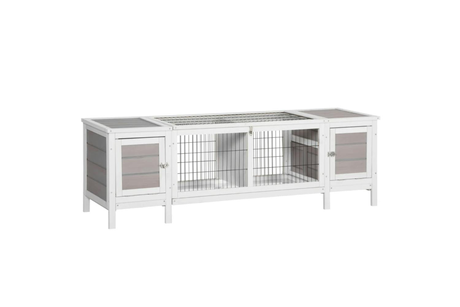 PawHut Wooden Rabbit Hutch for Indoor with Slide-out Tray | Grey