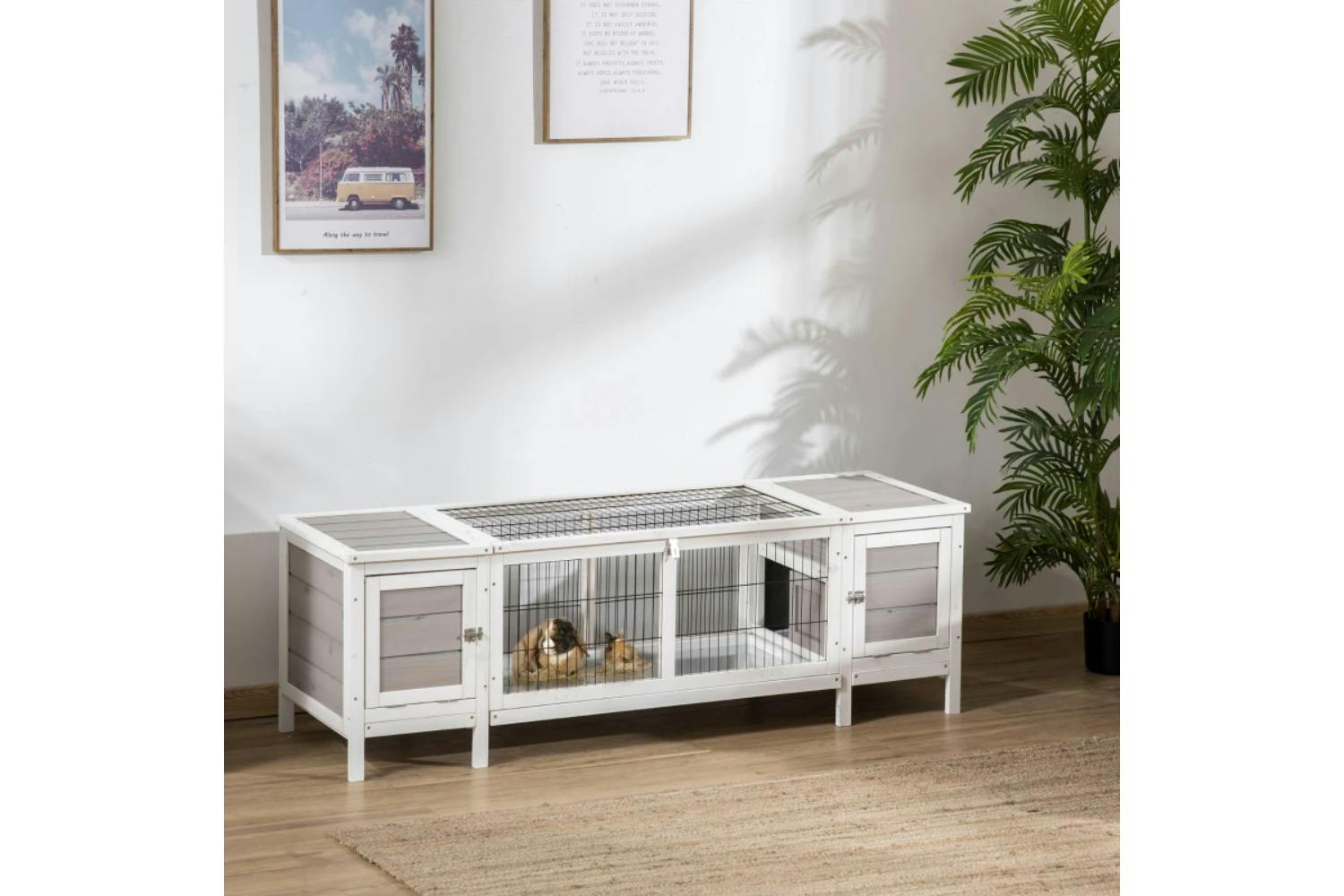 PawHut Wooden Rabbit Hutch for Indoor with Slide-out Tray | Grey