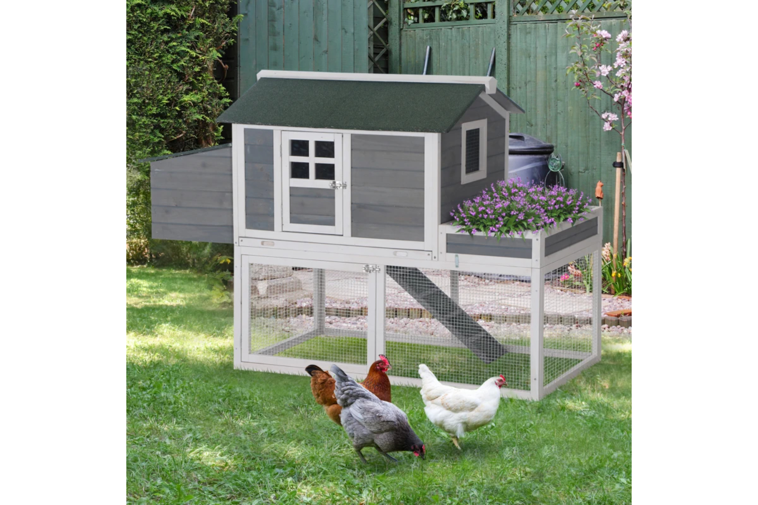 PawHut Wooden Chicken Coop Hen Hutch Poultry House | Grey