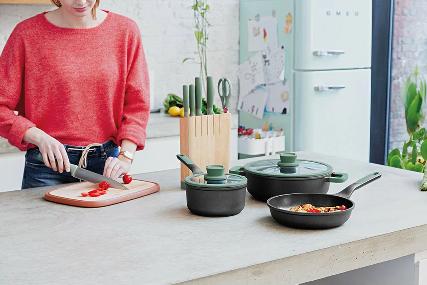 Berghoff 6 Piece Knife Block Set | Stainless Steel Knives | Forest Green | Wooden Block