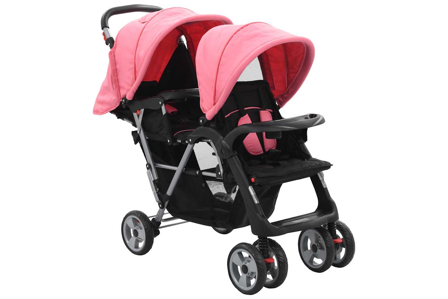 Vidaxl Tandem Stroller | Pink/Black Steel