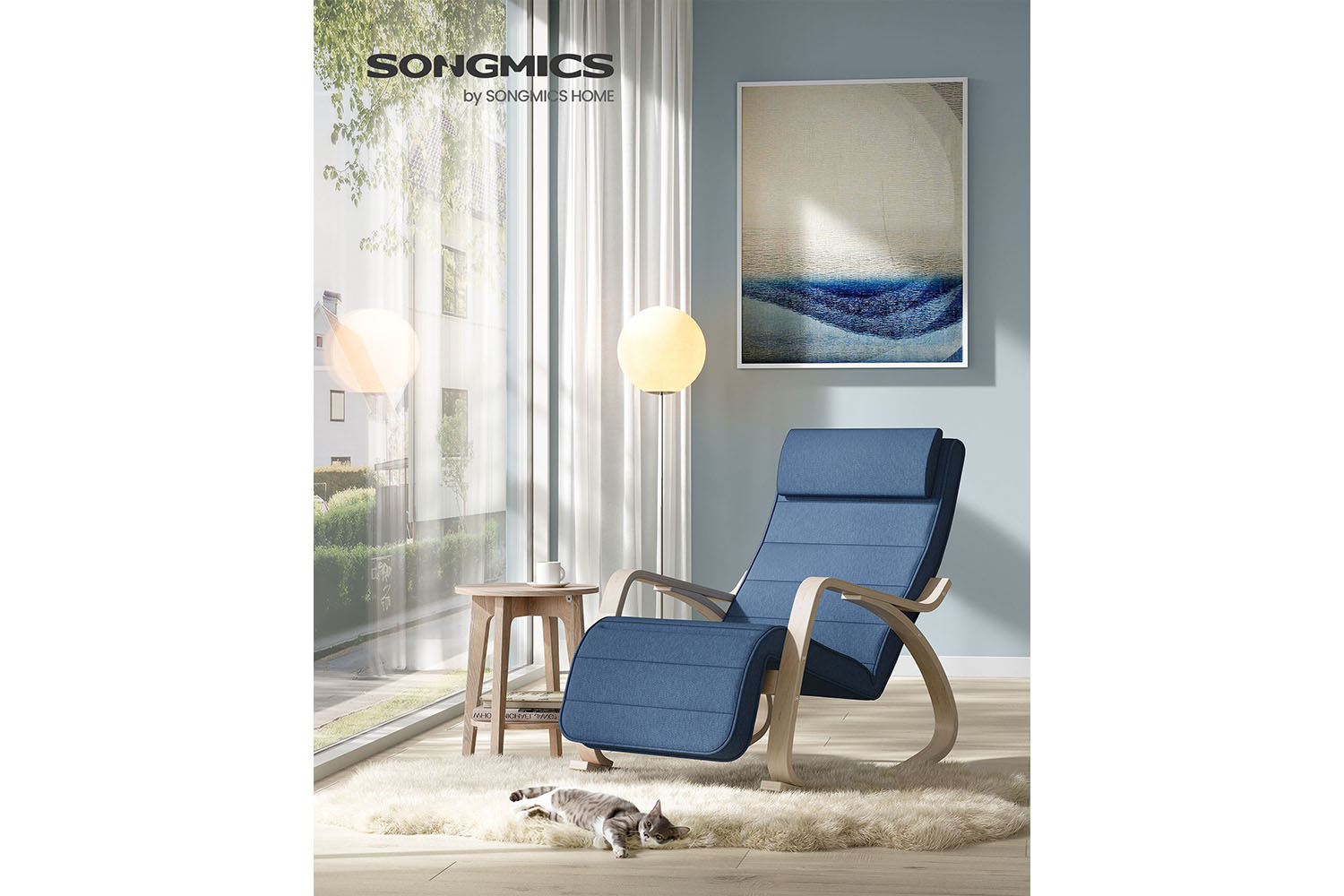 Songmics Birch Wood Armrests Rocking Chair | Midnight Blue/Natural