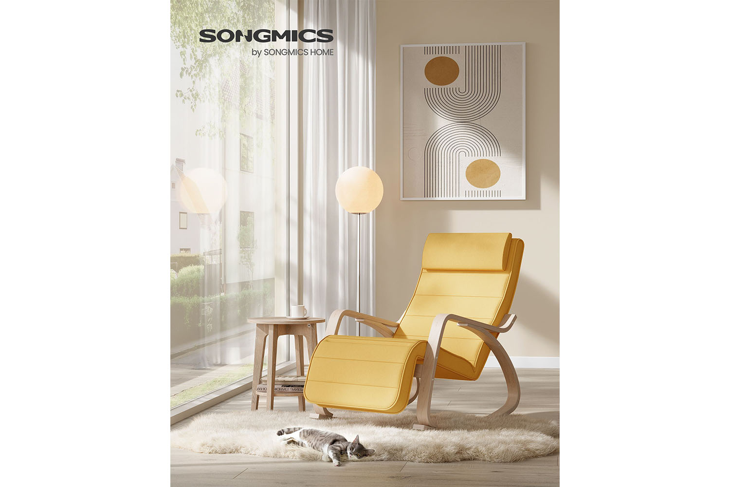 Songmics Armrests Birch Wood Rocking Chair | Pastel Yellow/Natural