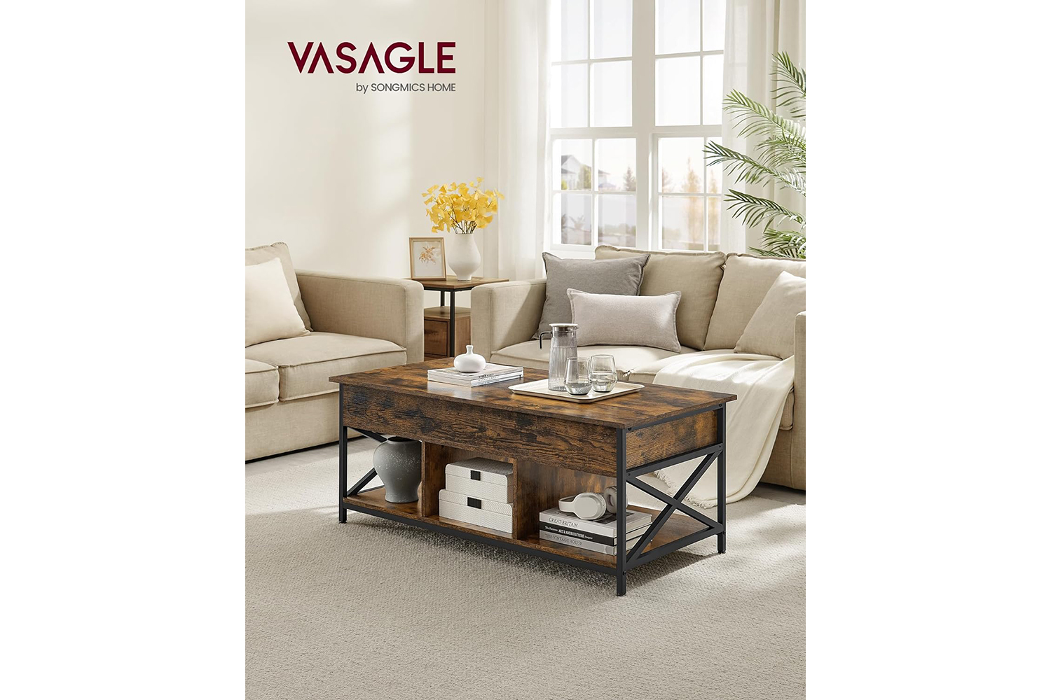 Vasagle Coffee Table with Open and Hidden Storage | Rustic Brown/Black