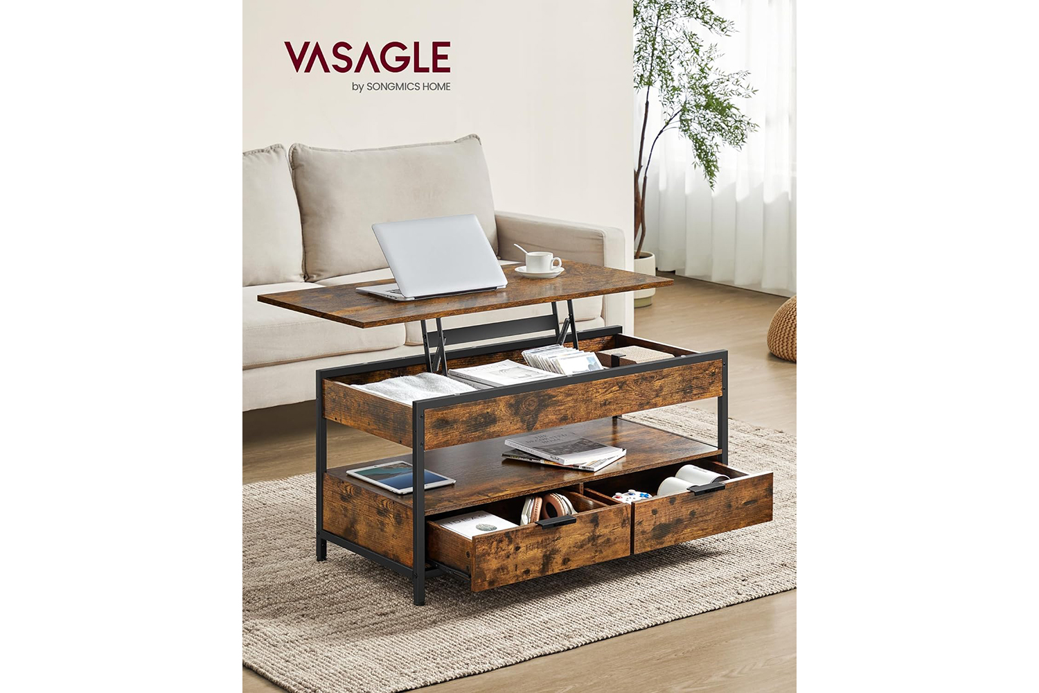 Vasagle Coffee Table with Storage Drawers | ‎Rustic Brown/Ink Black