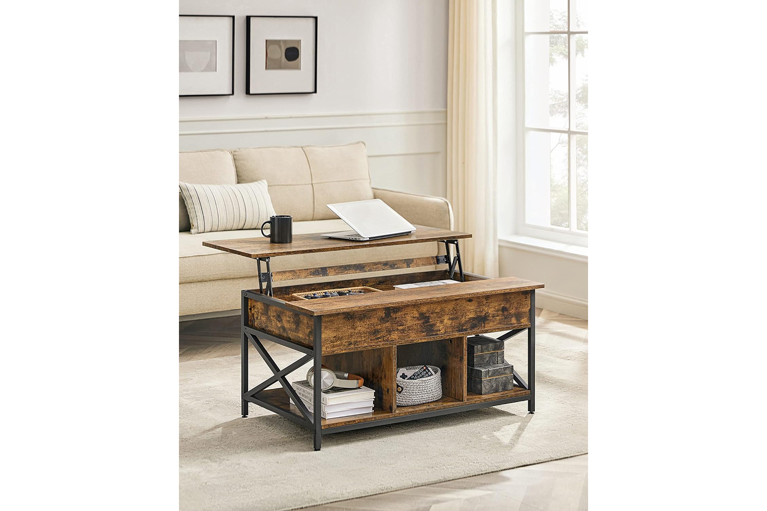 Vasagle Coffee Table with Open and Hidden Storage | Vintage Brown/Black