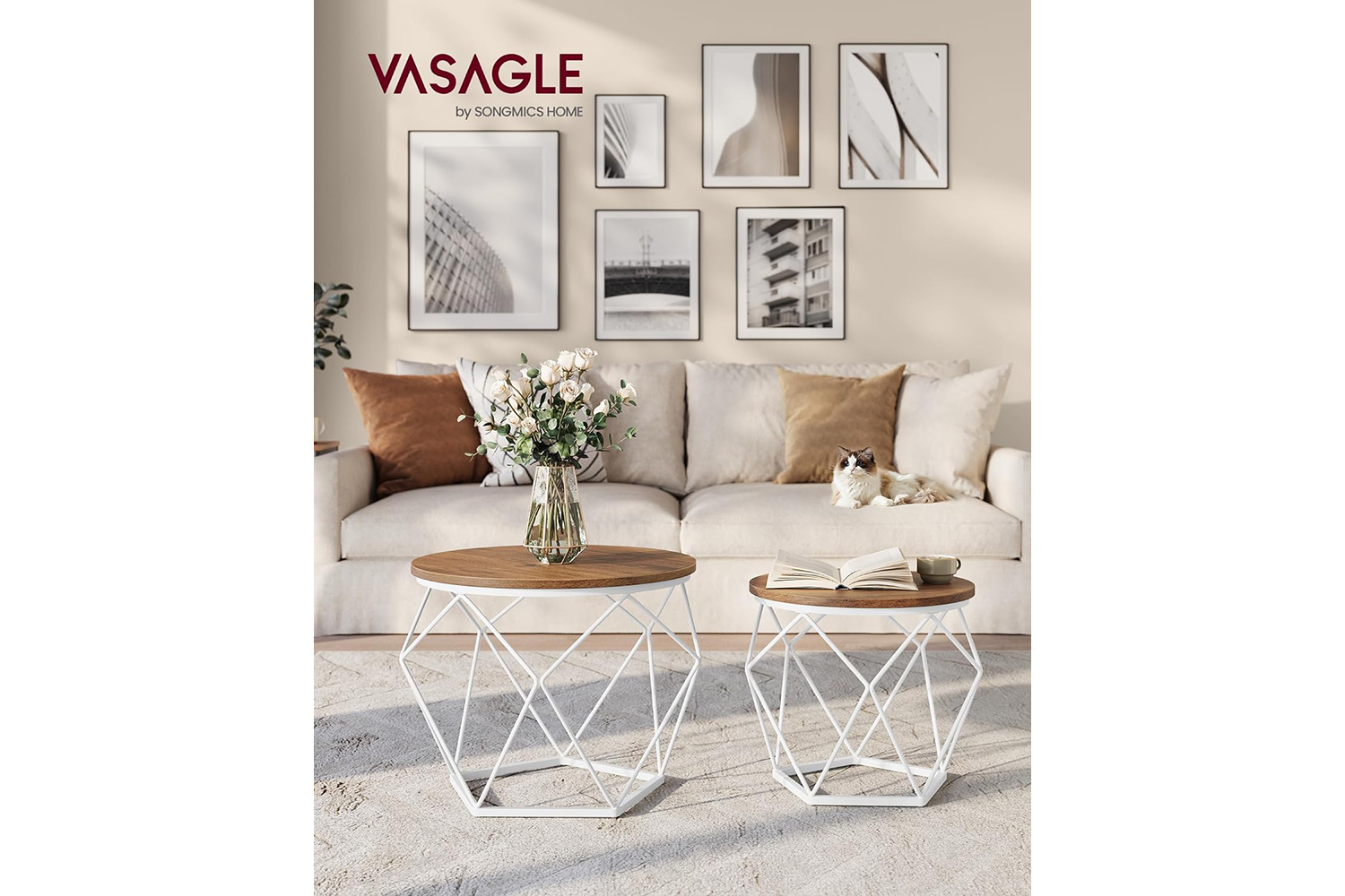 Vasagle Round Coffee Table | Set of 2 | Honey Brown/Cloud White