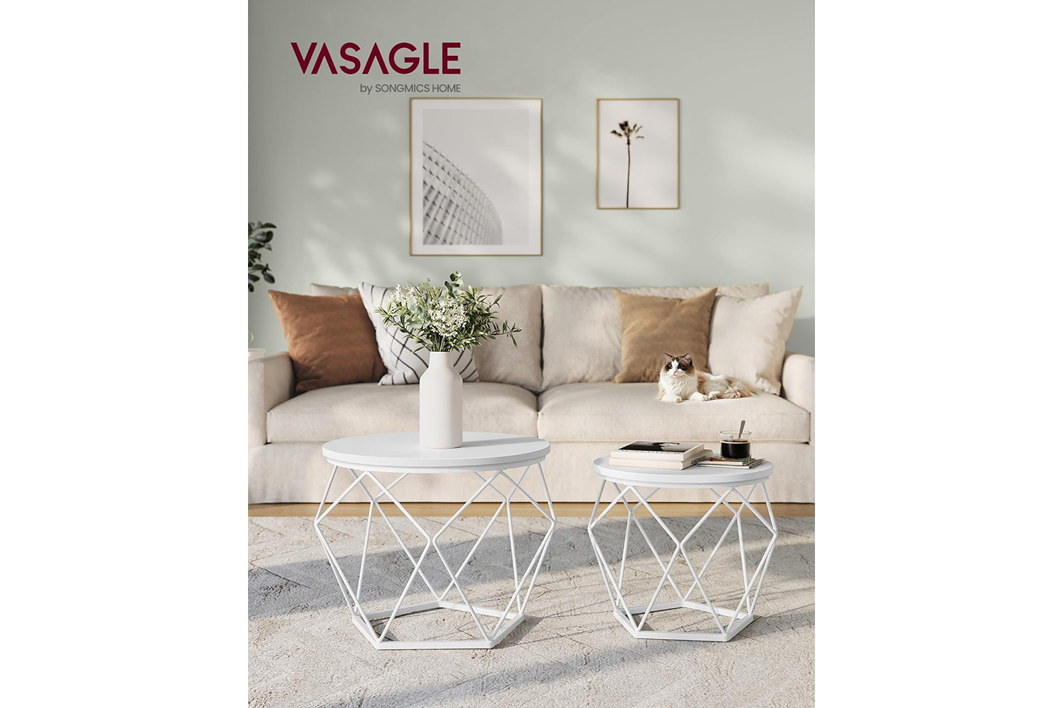 Vasagle Round Coffee Table | Set of 2 | Snow White/Cloud White