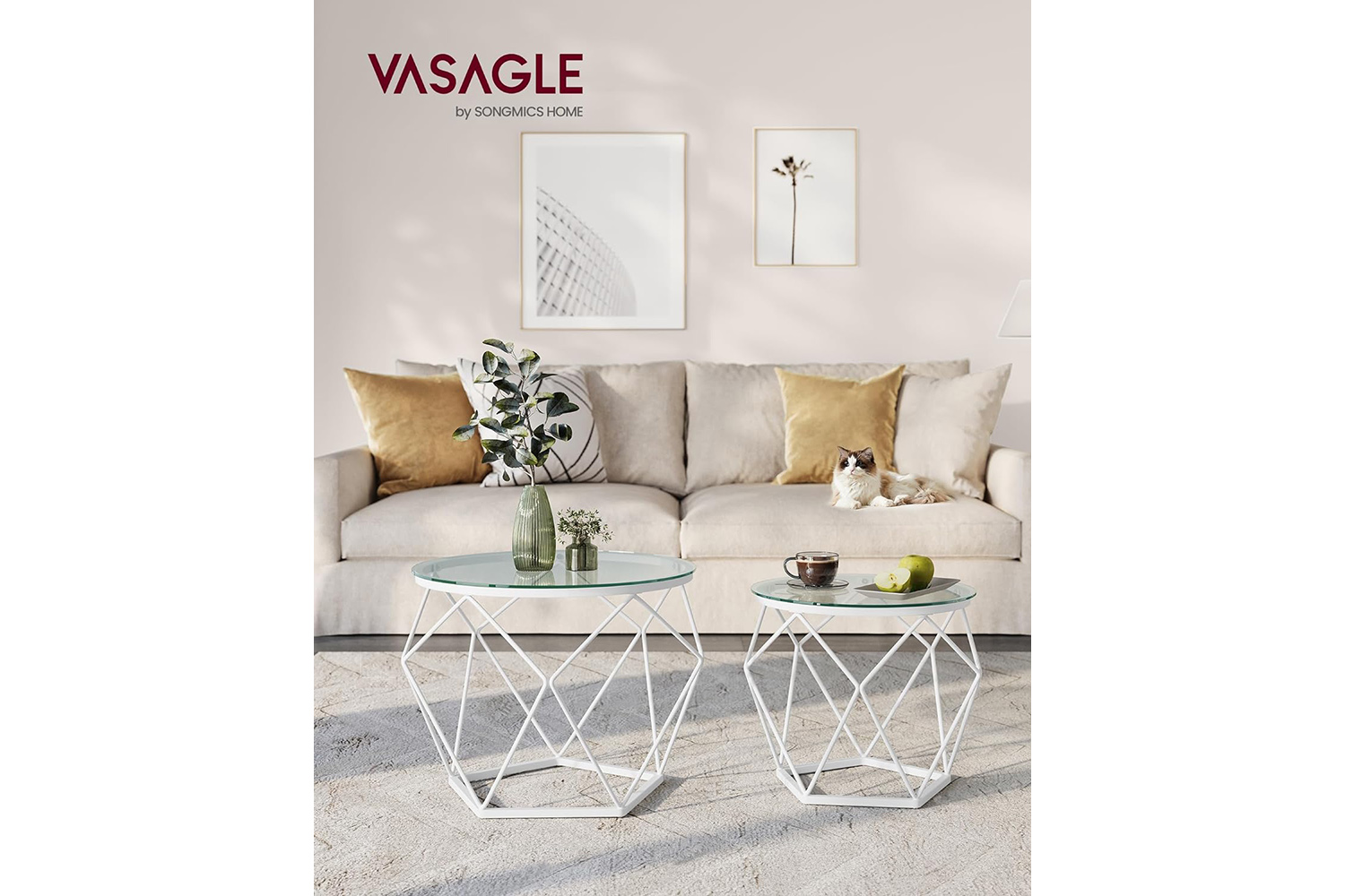 Vasagle Round Coffee Table | Set of 2 | Transparent/Cloud White