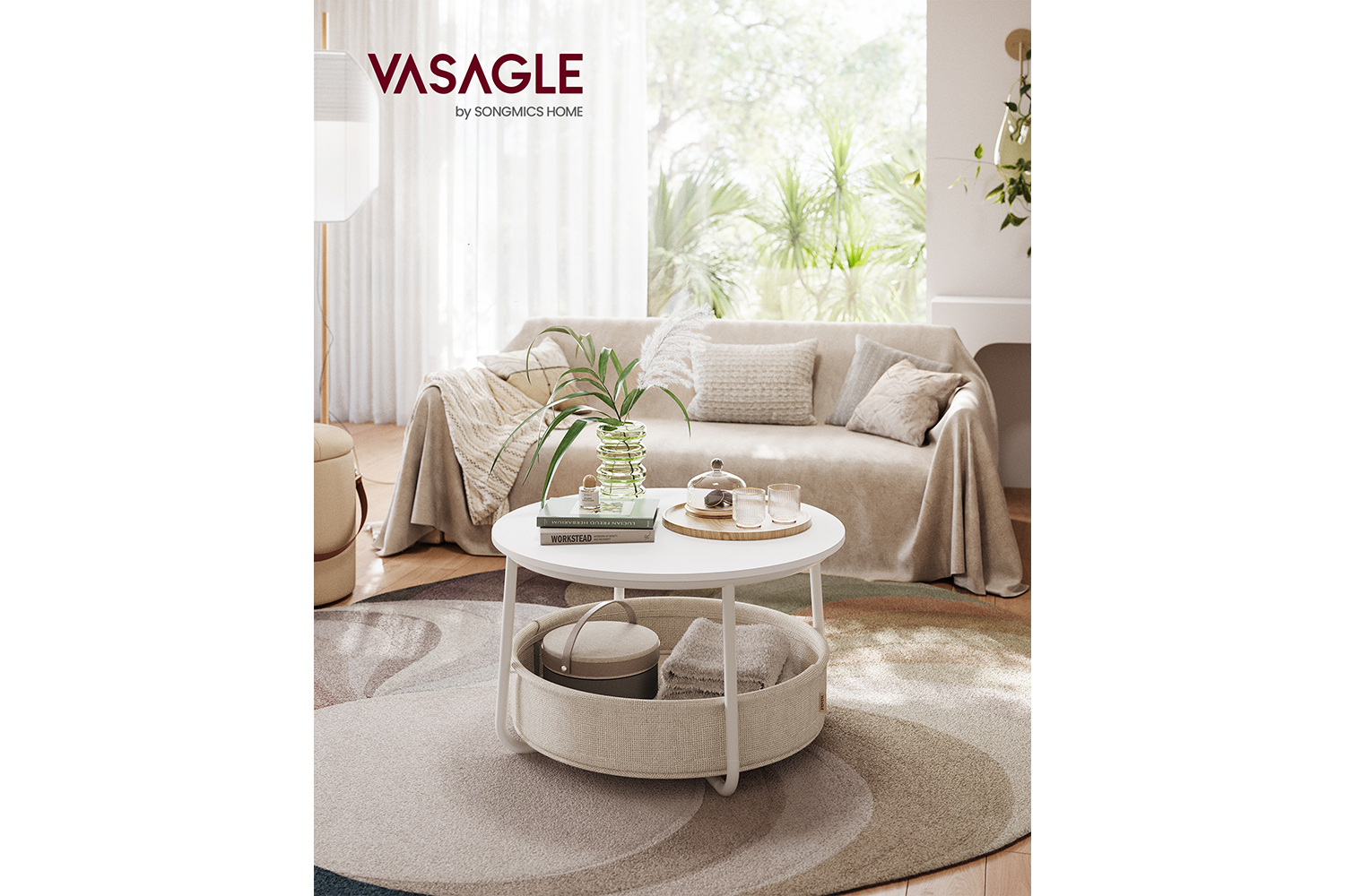 Vasagle Round Coffee Table with Storage | Matte White/Camel Brown