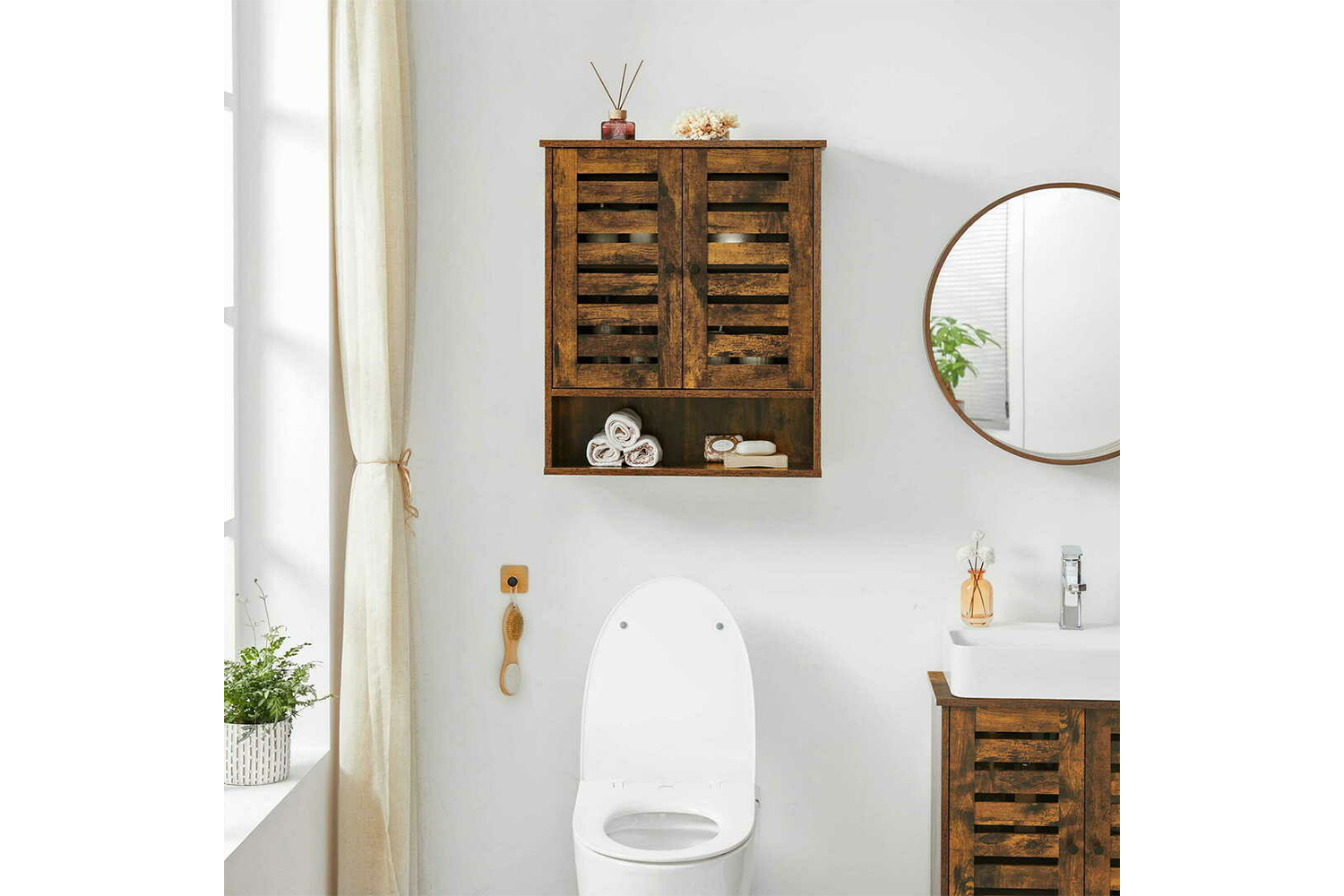 Vasagle Hanging Bathroom Storage with Adjustable Shelf and Double Shutter Doors | Rustic Brown