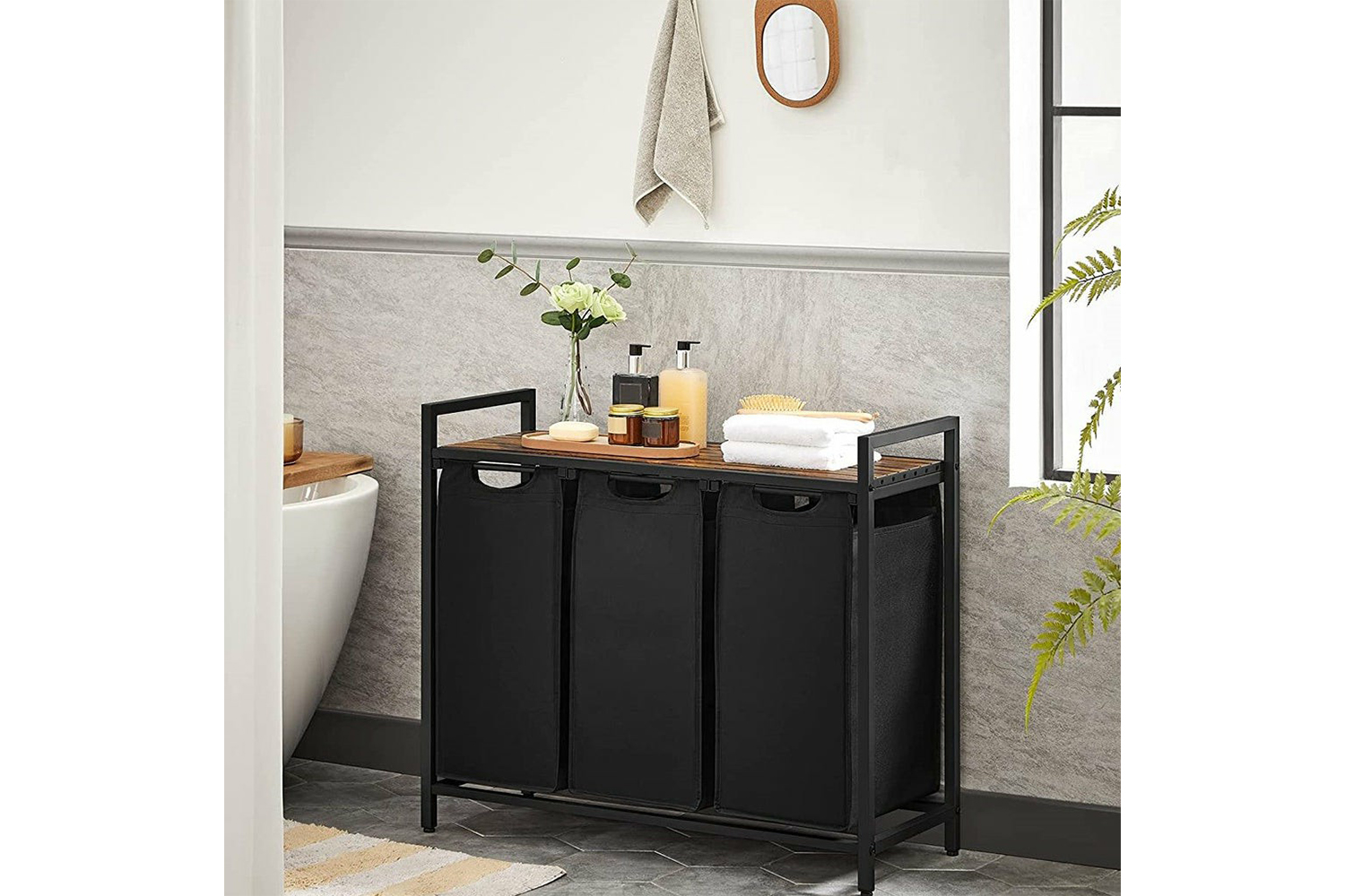 Vasagle 3-Compartment Laundry Basket | Rustic Brown/Black