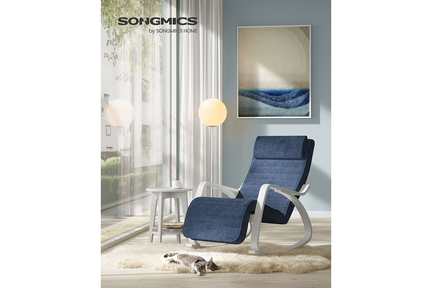 Songmics Wooden Armrests Rocking Chair | Midnight Blue/White