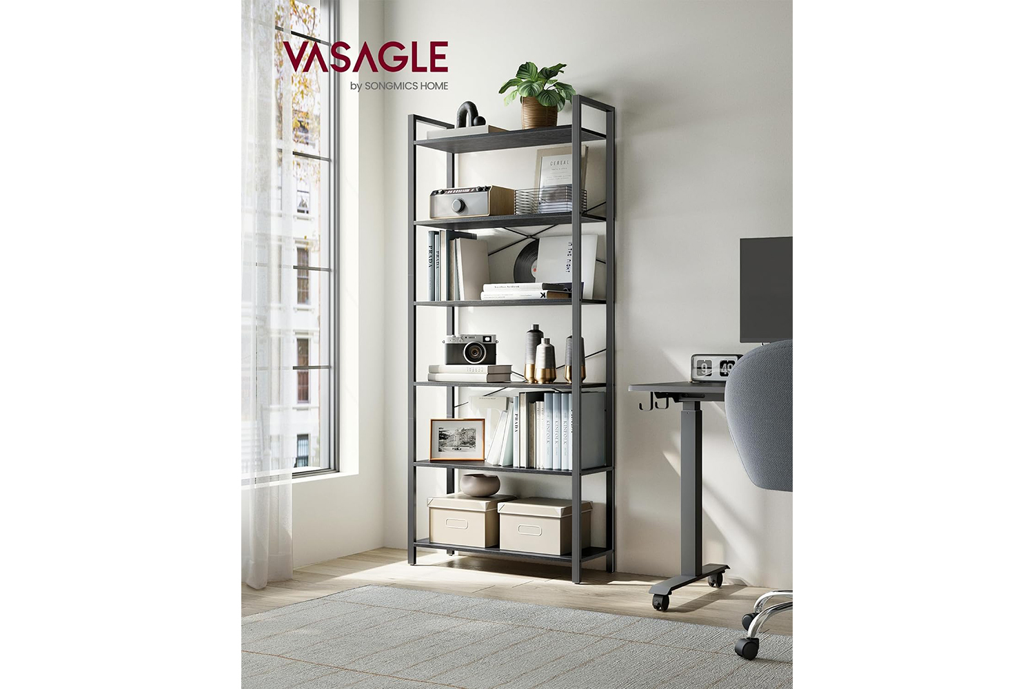 Vasagle Tall Bookcase | Large | 6 Shelves | Ebony Black/Ink Black