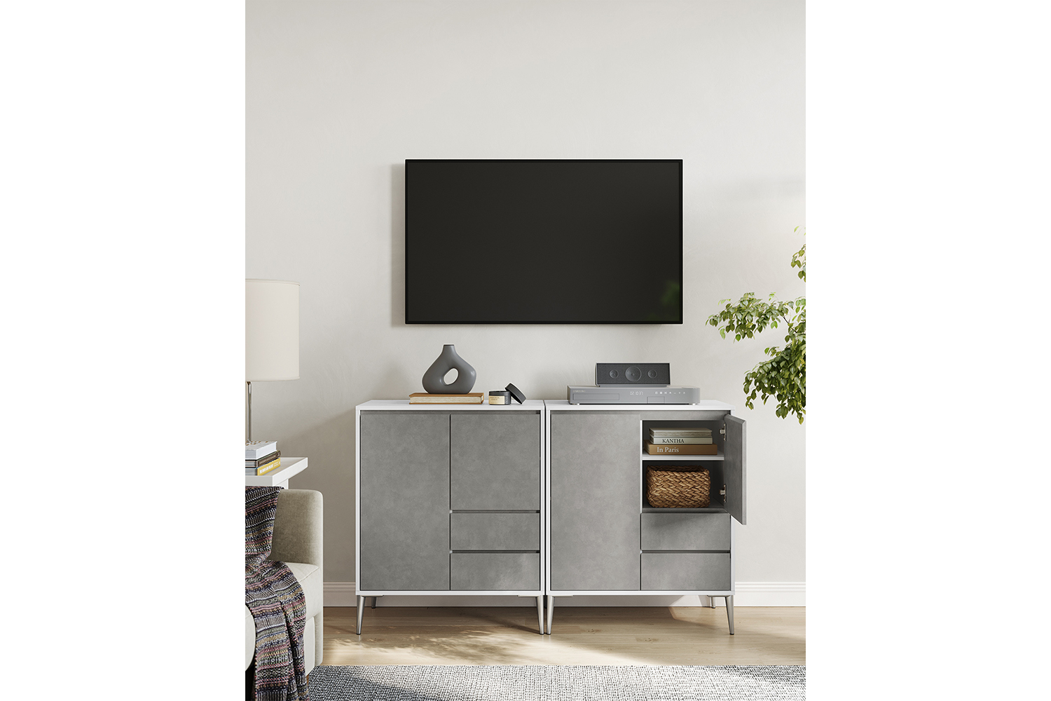 Vasagle Sideboard Storage Cabinet With 2 Drawers | Concrete Grey
