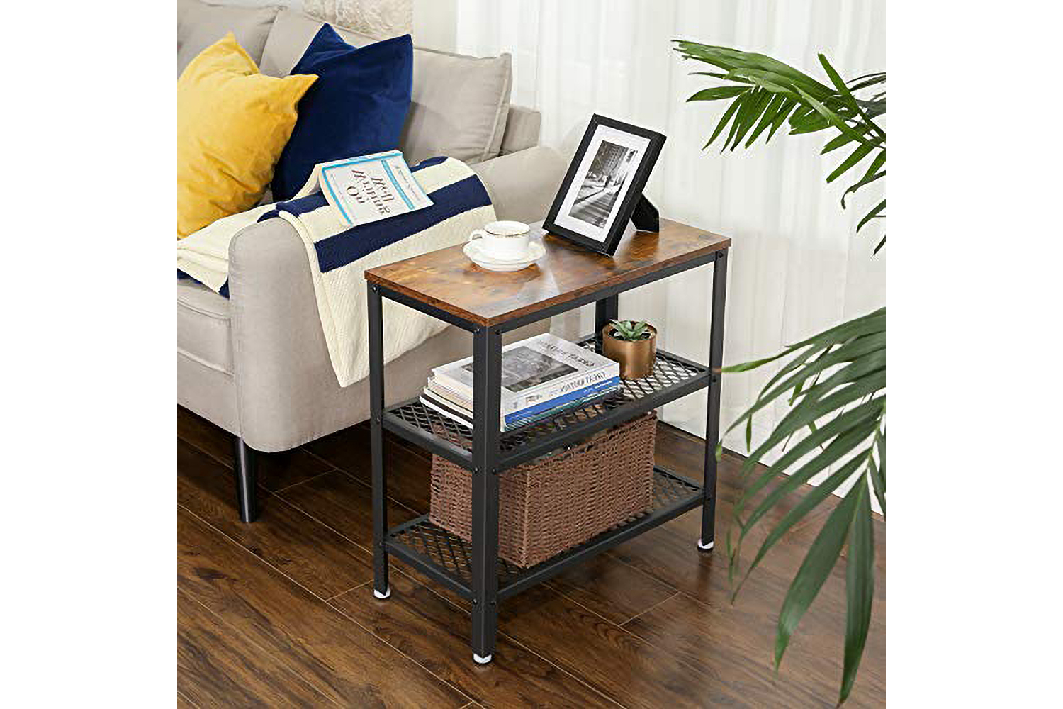 Vasagle Side Table Console Table With 2 Mesh Shelves | Rustic Brown