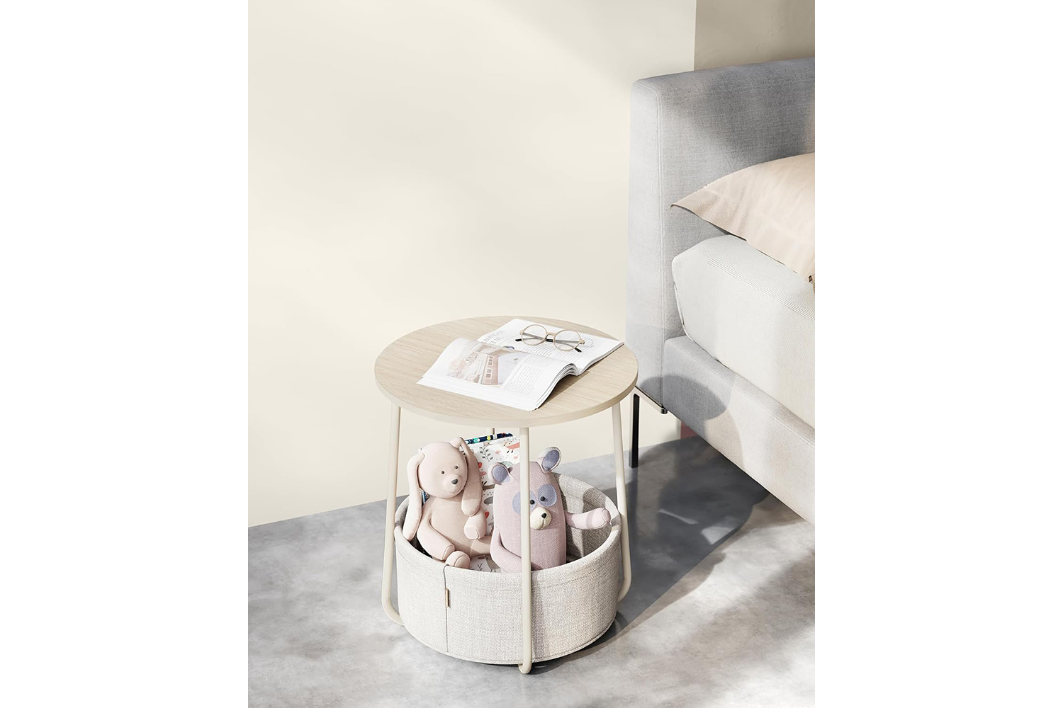 Vasagle Round End Table with Fabric Basket | Cream White