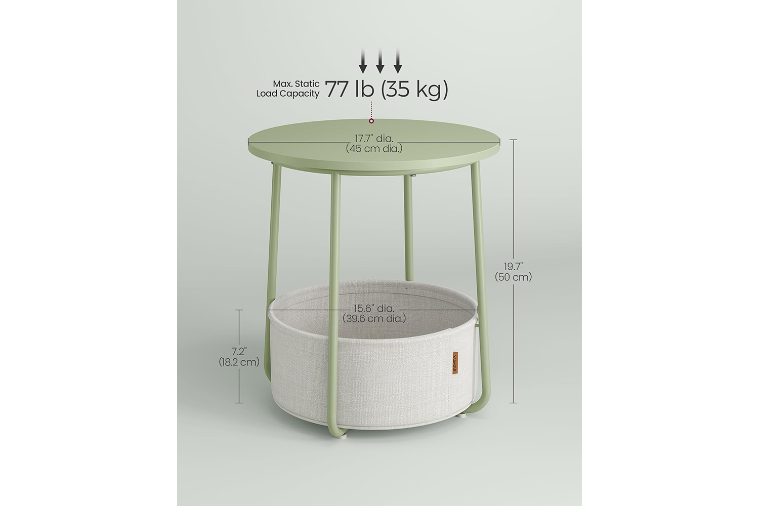 Vasagle Round Side Table Nightstand with Fabric Basket | Laurel Green/Cream White