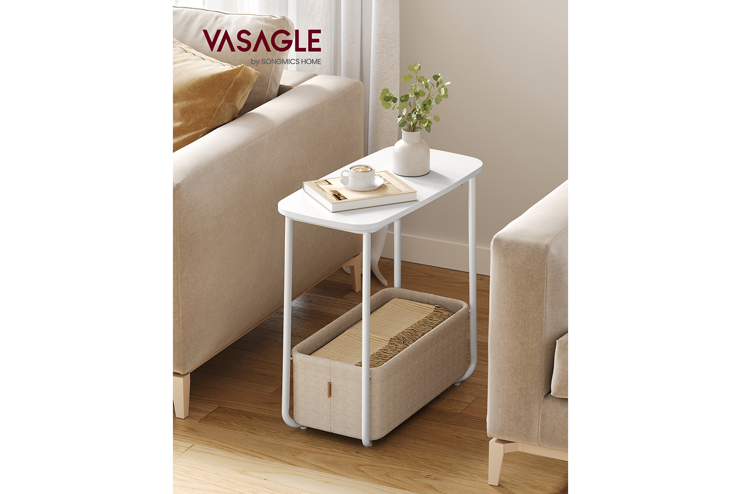 Vasagle Side End Table with Fabric Basket Modern Nightstand | Matte White/Camel Brown