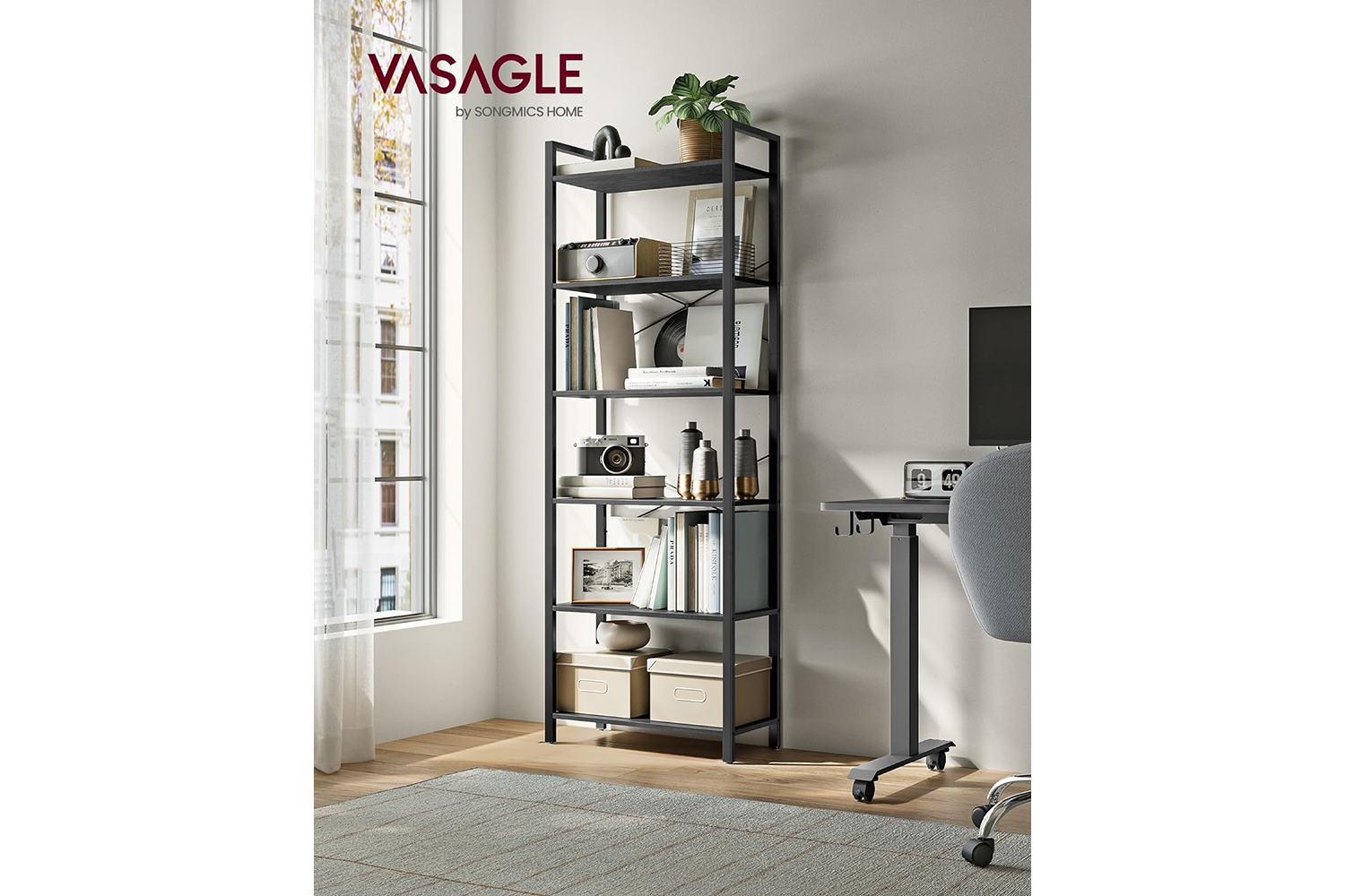 Vasagle Tall Bookshelf | 6 Shelves | Ebony Black/Ink Black