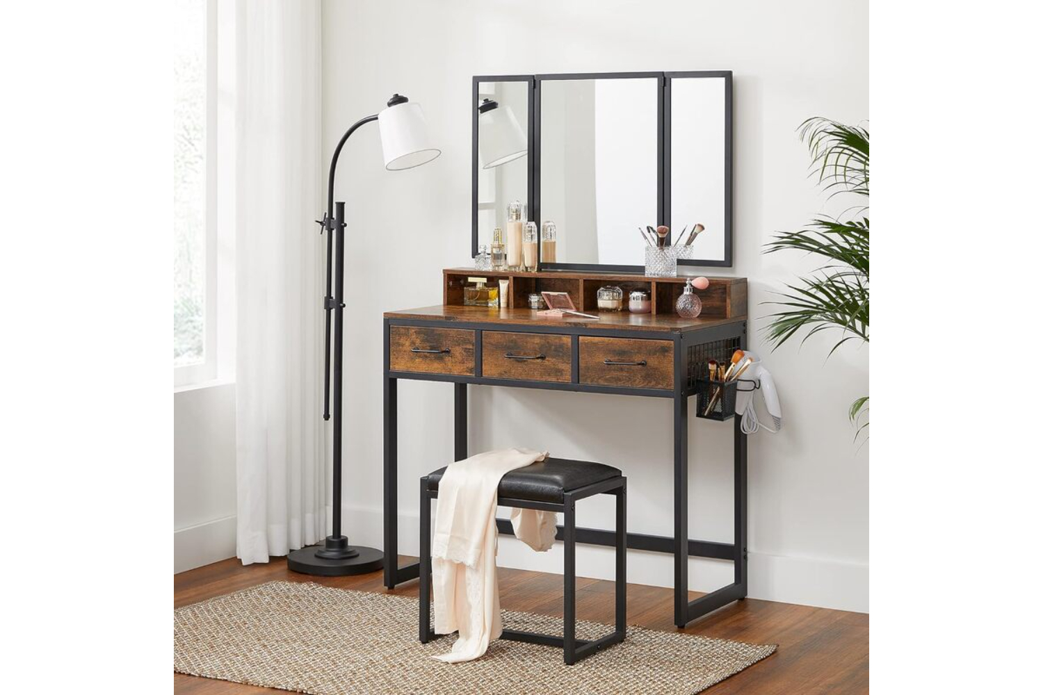 Vasagle Vanity Table Mirror and Stool with Tri-Fold Mirror | Rustic Brown/Black