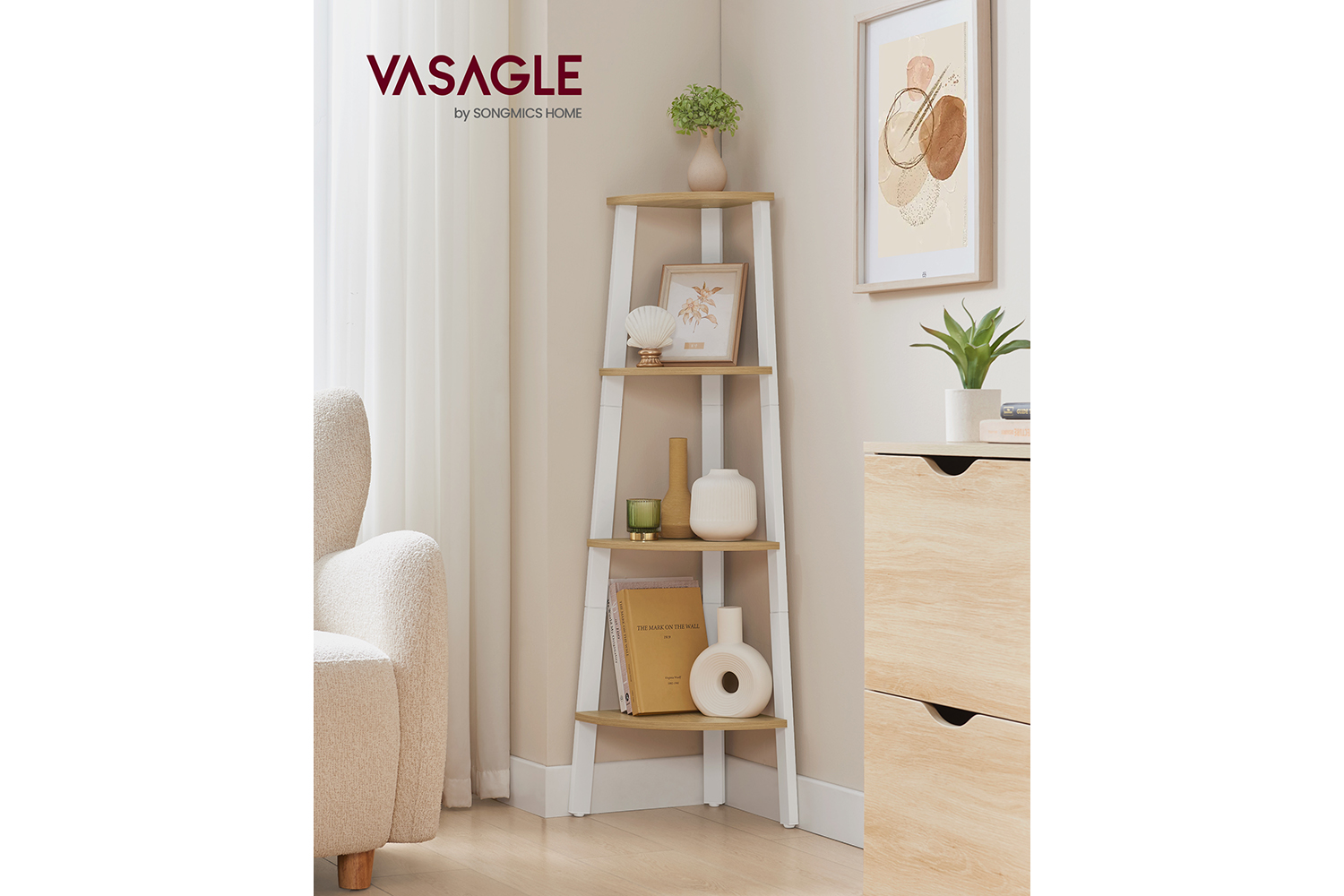 Vasagle Corner Ladder Shelves | 4 Shelves | Natural/White