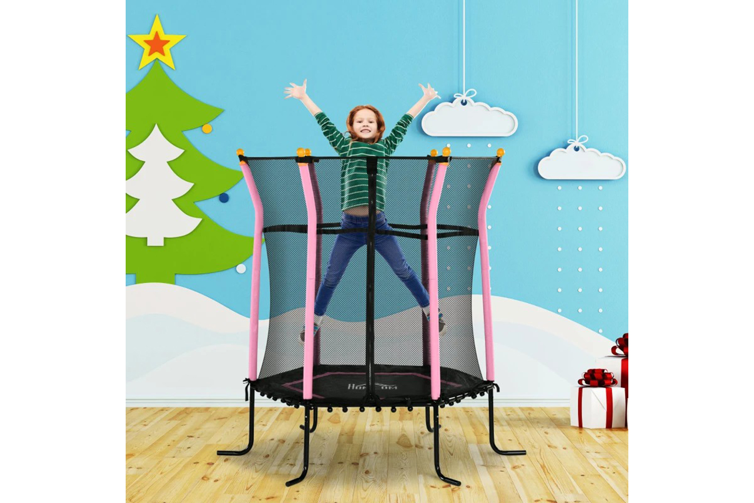 Homcom Childrens Mini Trampoline with Enclosure | 5ft | Pink
