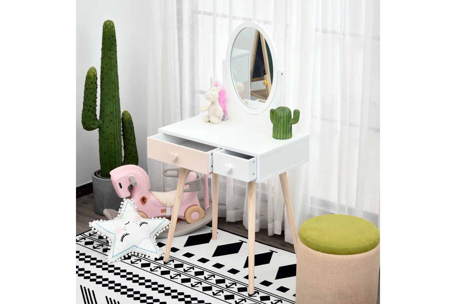 Homcom Kids Dressing Table with Heart-Shaped Handles | White